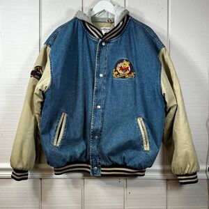 Vintage 90s Y2K Disney Winnie The Pooh Denim Varsity Jacket Hooded LARGE